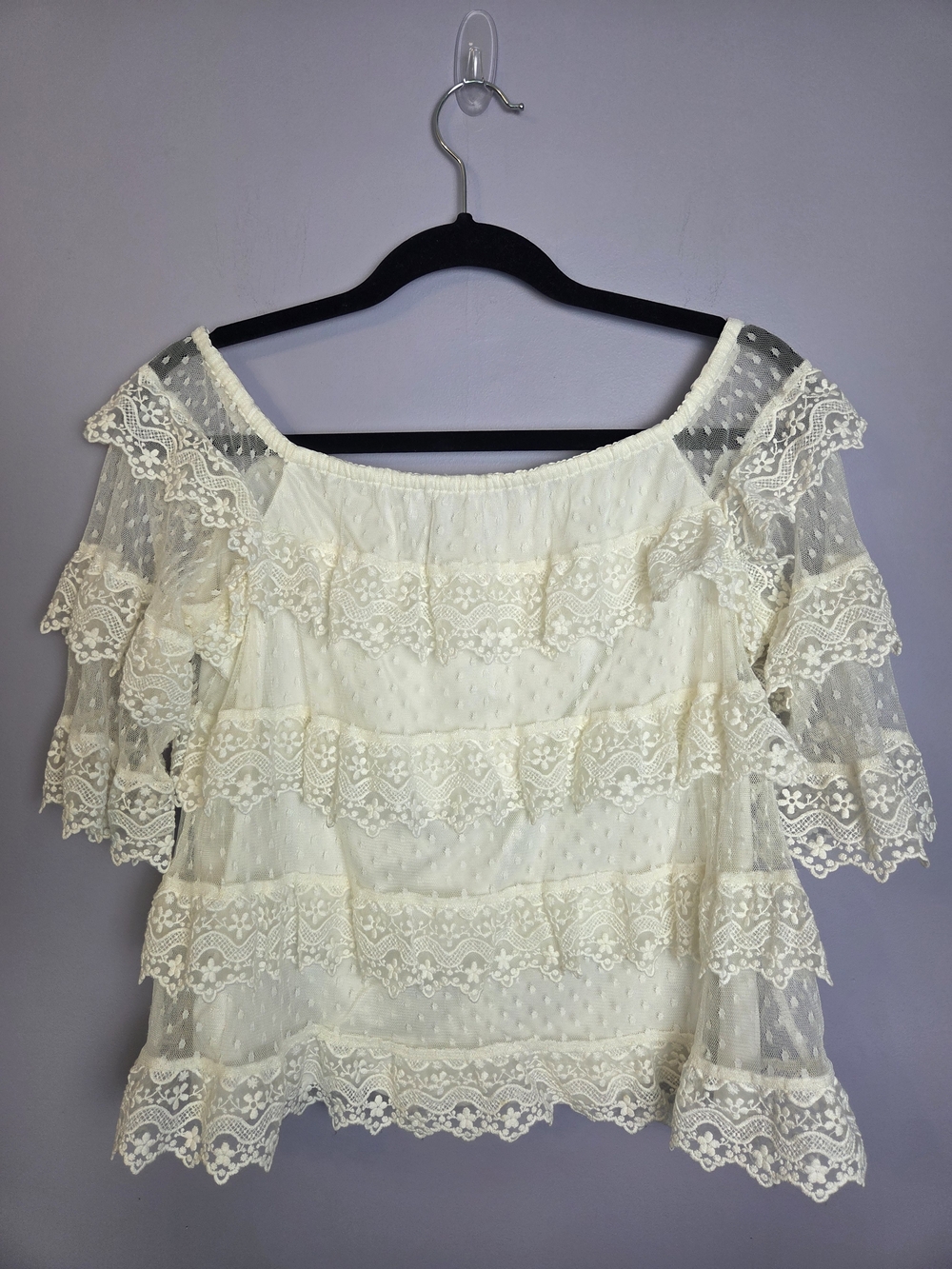Off Shoulder Tiered Lace Blouse Swiss Dot Sleeves Ruffle Trim Womens L White
